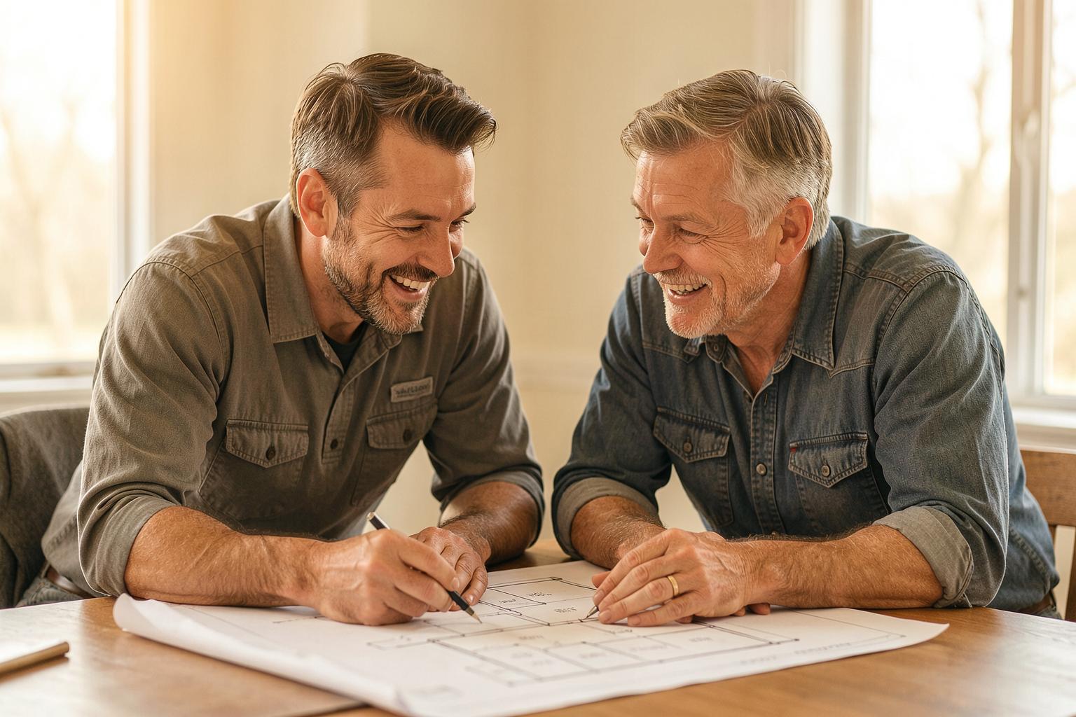 A contractor and homeowner reviewing inspection notes together